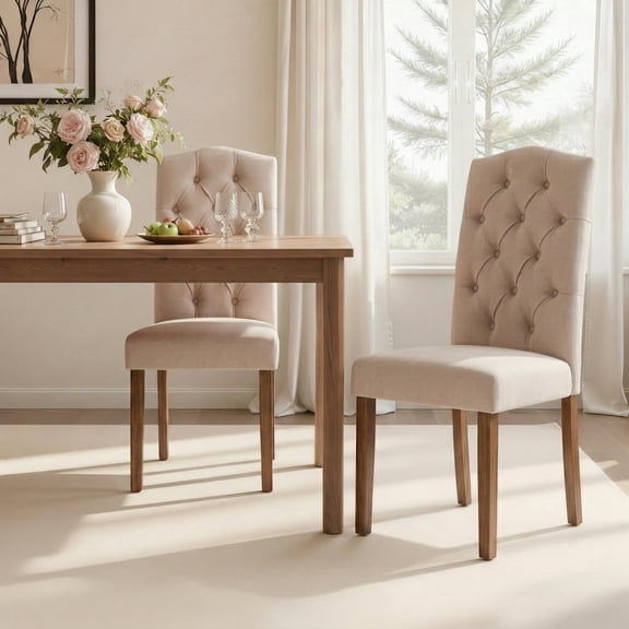 Snugway Dining Chairs Modern Upholstered Set of 2 Fabric Dining Chairs with Wood Legs, Beige