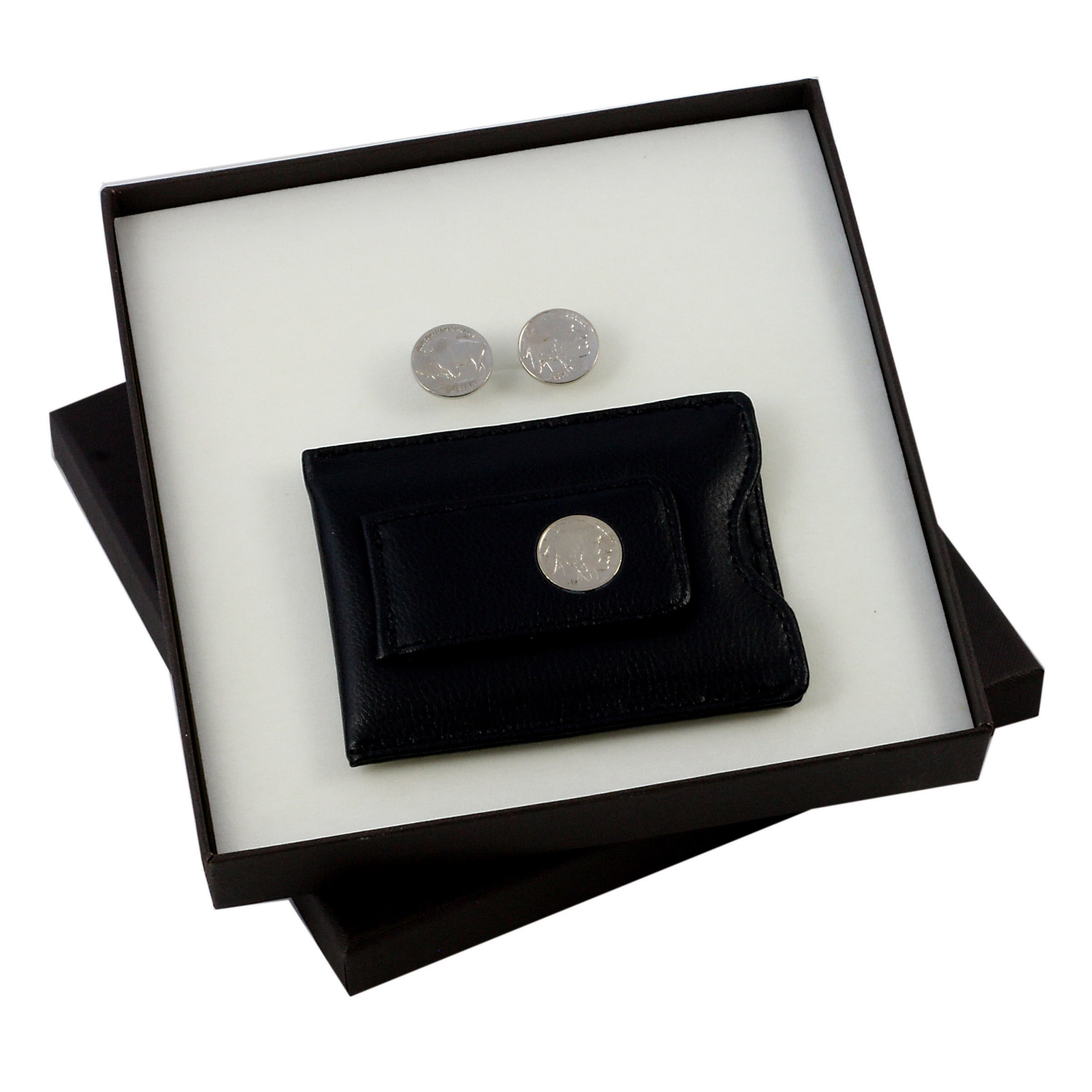 Buffalo Nickel Cuff Links and Black Leather Wallet Style Money Clip Set