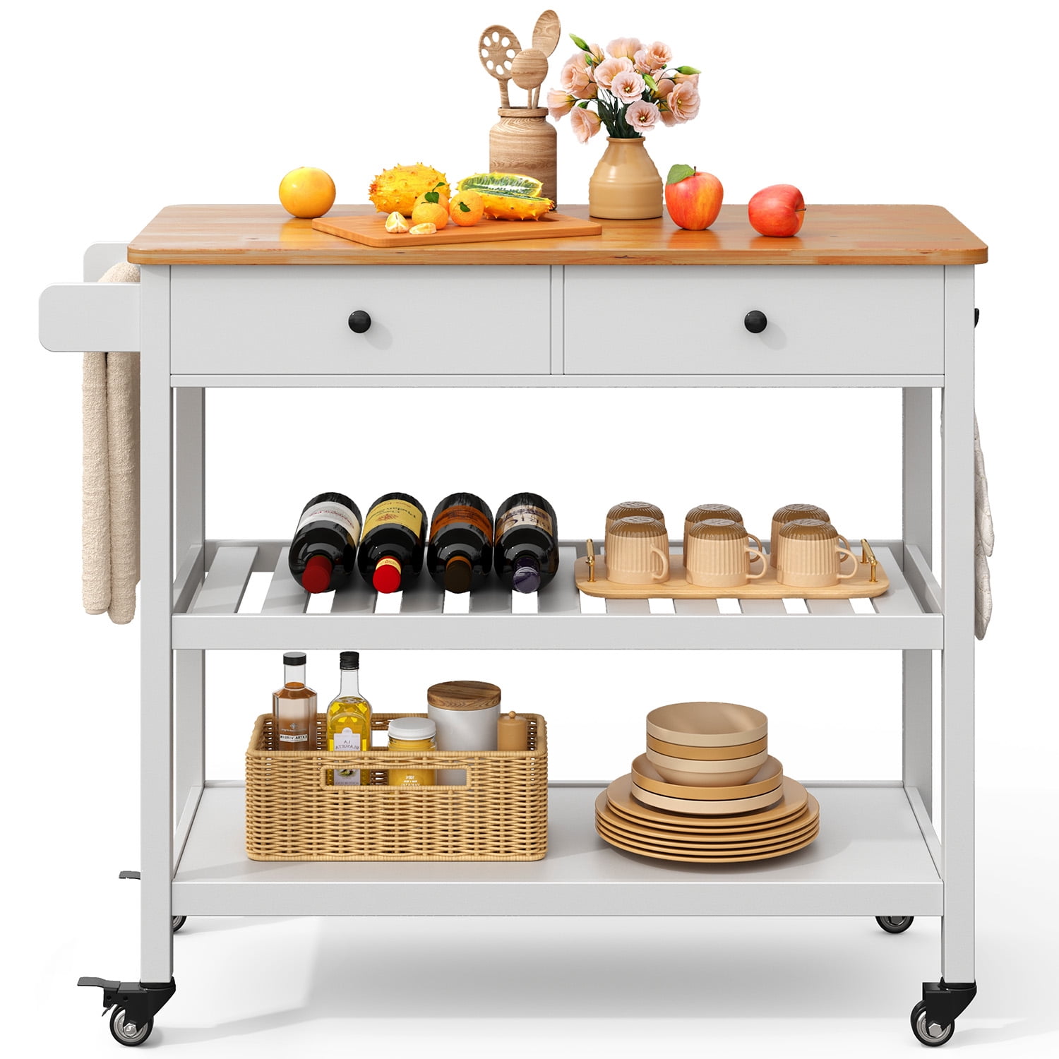 Kitchen Island Cart on Wheels with 2 Open Tiers Storage Shelves, White