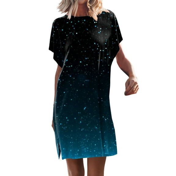 Wycnly Formal Dresses for Women Beach Side Slit Loose Tshirt Short Sun Dress Round Neck Short Sleeve Gradient Print 2024 Summer Mini Dresses Black s