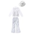 thumbnail image 3 of YONGHS Boys Girls Sequins Hip Hop Jazz Choir Disco Dance Outfits Shirt with Flared Pants Hat Set Silver 11-12, 3 of 7