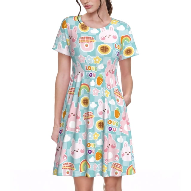 Disketp Love You Rabbit para Vestido de Manga Corta para Mujeres, Vestidos de Verano para Mujeres, Casual y Holgado para la Playa