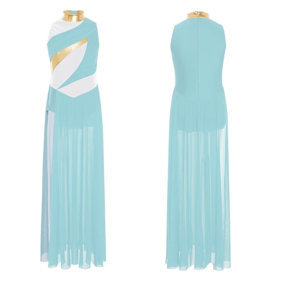 Sholeno Kids Girls Sleeveless Lyrical Dance Dress Contemporary Dance Dress Split Long Skirted Leotard Light Blue 12