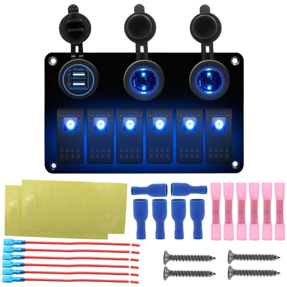 6-Gang Waterproof Aluminum Rocker Switch Panel with 5V/4.8A Dual USB Charger, Blue LED Lights, 12V/24V Universal for RV, Yacht, Boat, Truck - Includes 100 Vehicle & Marine Labels, Pre-Wired Harness &