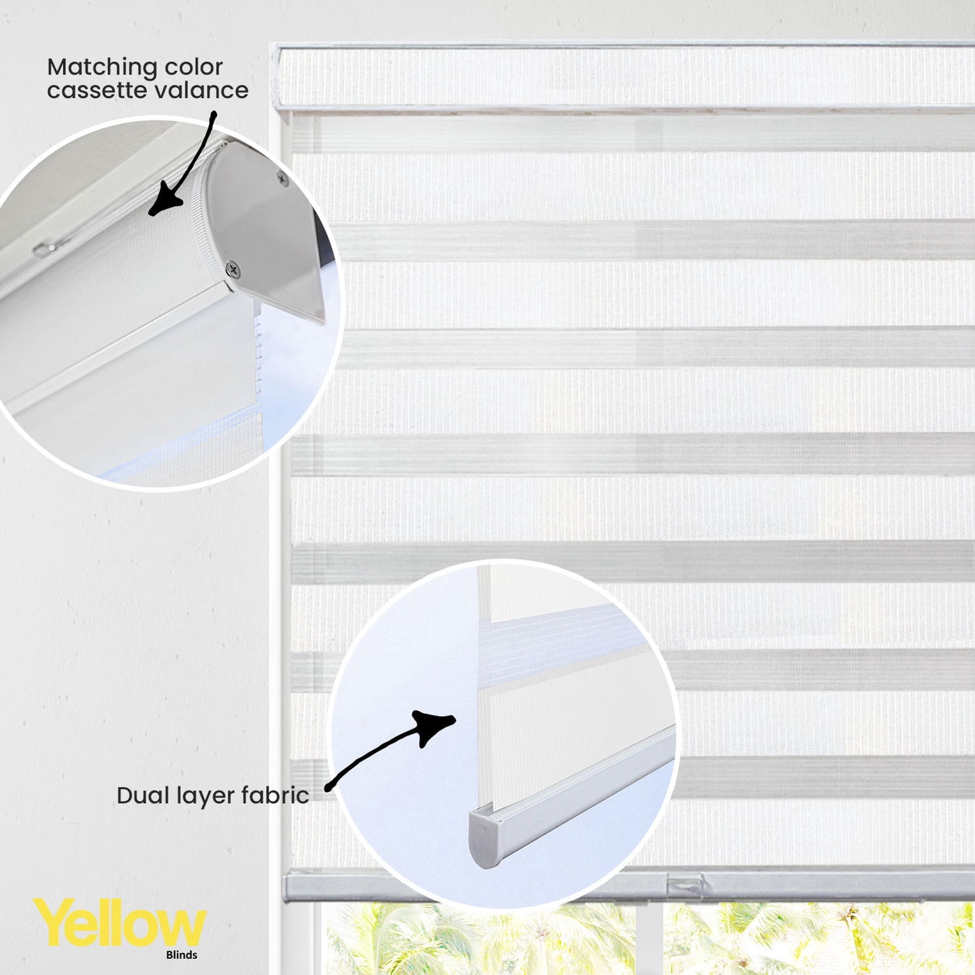 YELLOW BLINDS White Cordless Zebra Roller Shades for Windows, Dual Layer Light Filtering & Room Darkening, 35"W X 72"H, Modern Window Blinds with Cassette Valance, Easy Install, Safe for Kids & Pets