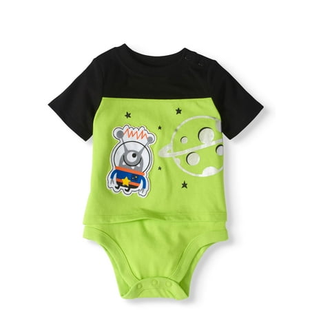 - Baby Boy Short Sleeve Embroidered 2fer Bodysuit