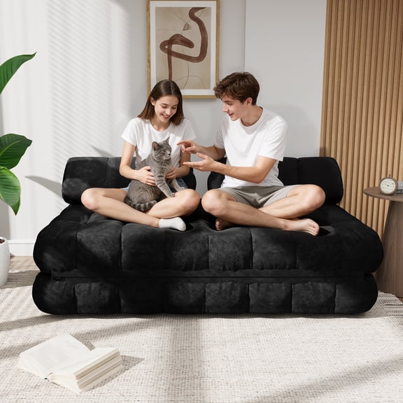 SOBREMESA 3-in-1 Convertible Sofa Bed – 59.1" Folding Loveseat Sleeper with Pillows, Velvet Floor Mattress Couch, Portable Fold Out Lounge for Living Room Bedroom, Black