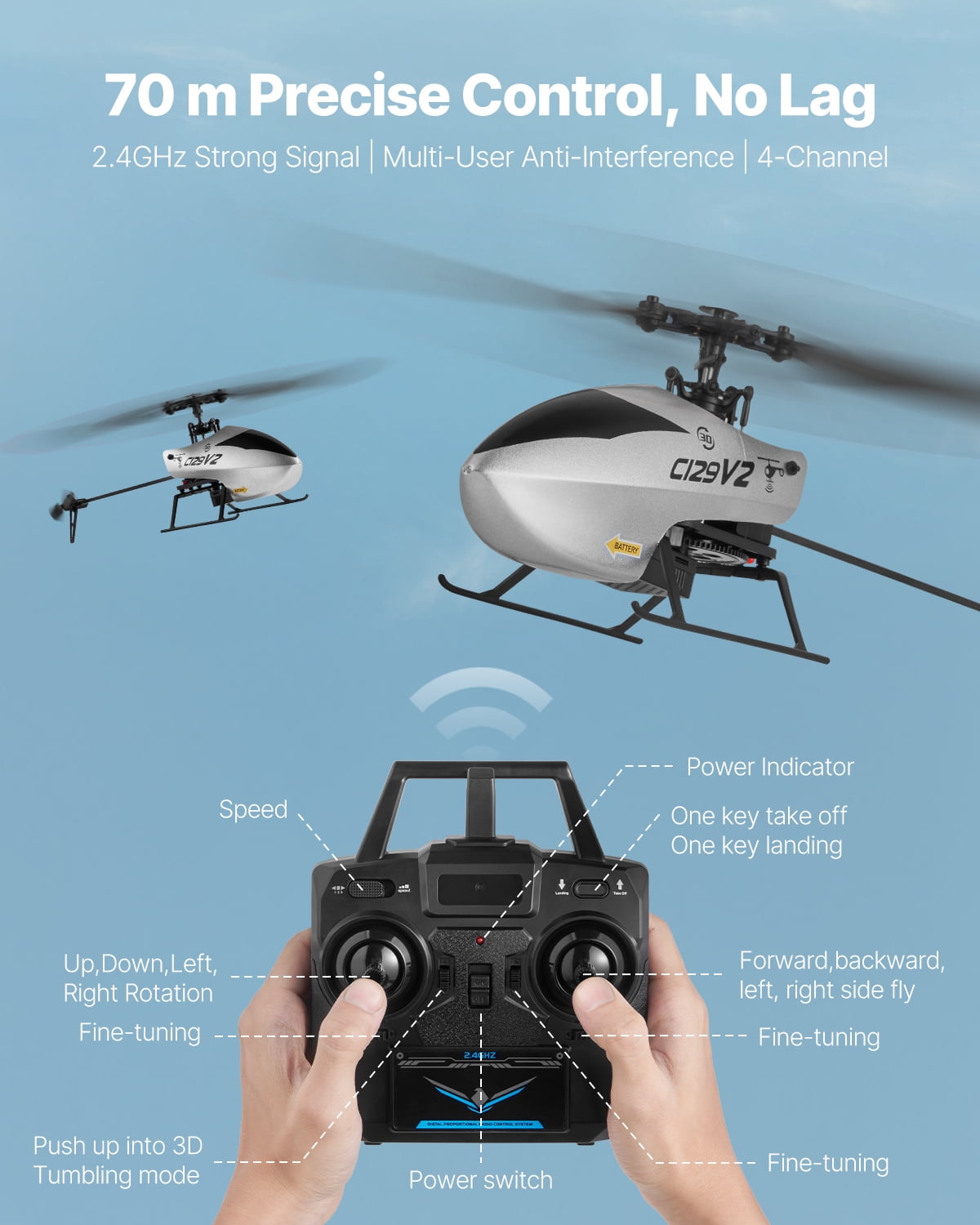 VEVOR RC Helicopter, 2.4GHz Single Propeller Remote Control Helicopter with Gyro, 4-Channel RC Airplane for Beginner, 39 Min Flight Time, One-Key Takeoff/Landing, Toys for Kids Ages 8 and up