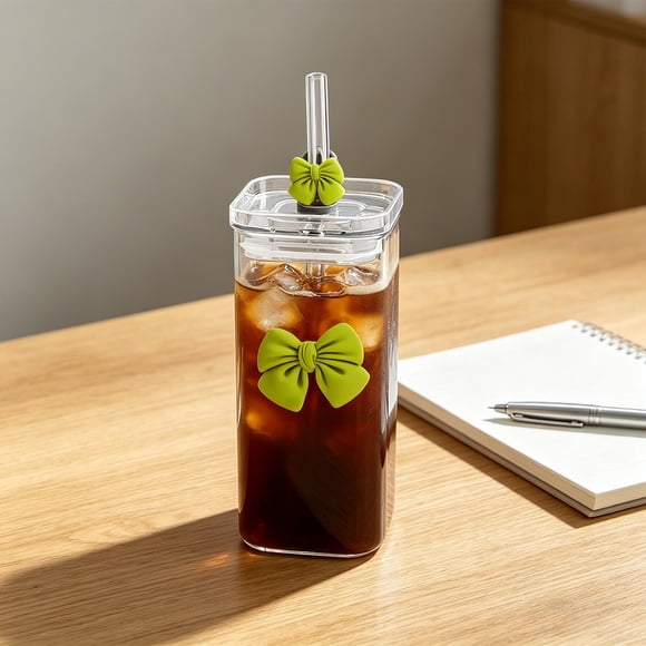 Vaso de agua de vidrio con tapa y pajita de vidrio – Decoración de mariposa desmontable, vaso de 400 ml para café, bebidas frías, uso en exteriores, en casa o en la oficina.