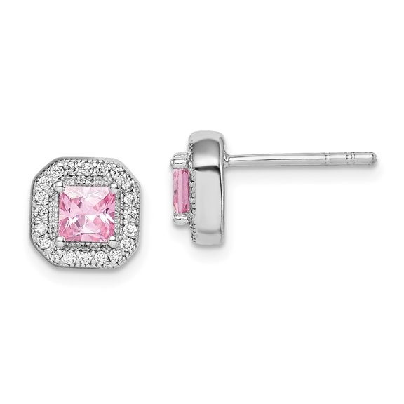 Primal Silver Sterling Silver Rhodium Plated Pink and Clear Cubic Zirconia Post Earrings