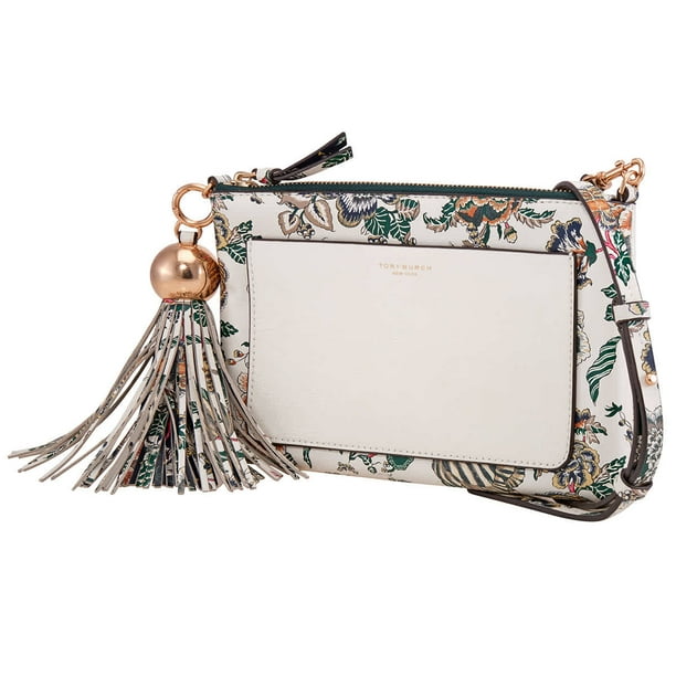 Tory Burch Floral Leather Tassel Top Zip Crossbody 