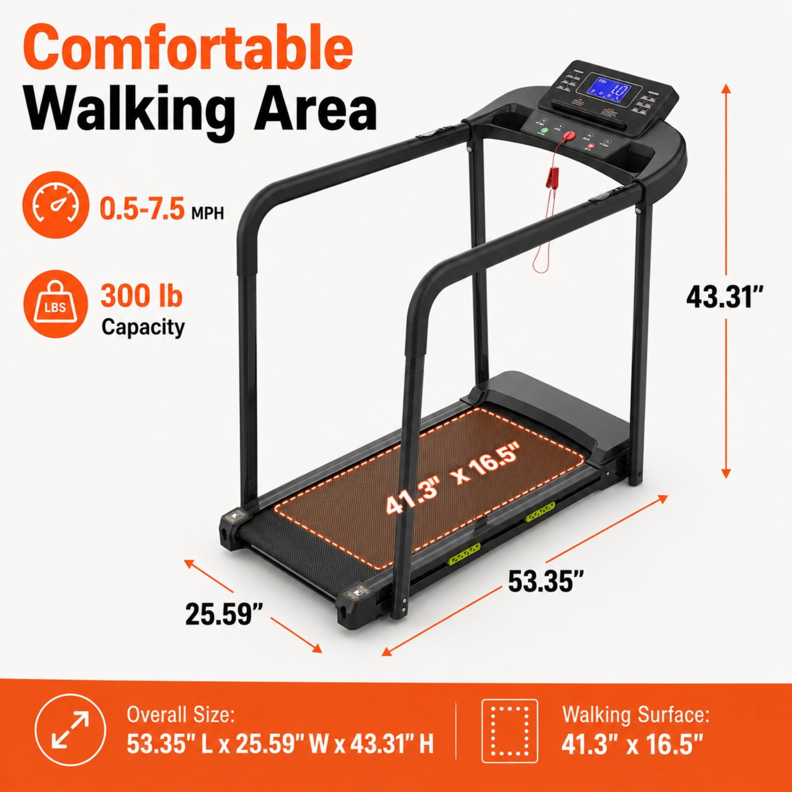Noaman Senior Walking Treadmill with Long Handrails, Walking Pad Treadmill for Home, 2.5 HP Quiet Motor, 0.5-7.5 MPH Speed Range, Large LED Display, 300 lb Capacity, Black