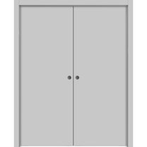 Sliding French Double Pocket Doors 72 x 84 inches | Planum 0010 Matte Grey | Kit Trims Rail Hardware | Solid Wood Interior Bedroom Sturdy Doors