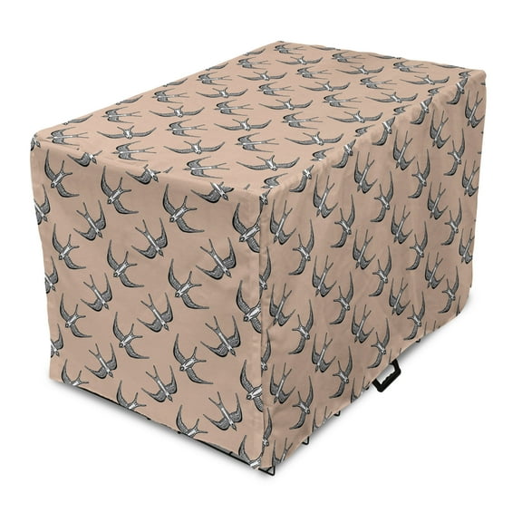 Bird Print Dog Crate Cover, Repetitive Retro Design Graphic of Swallows Flying, Easy to Use Pet Kennel Cover Small Dogs Puppies Kittens, 7 Sizes, Ecru Charcoal Grey, by Ambesonne