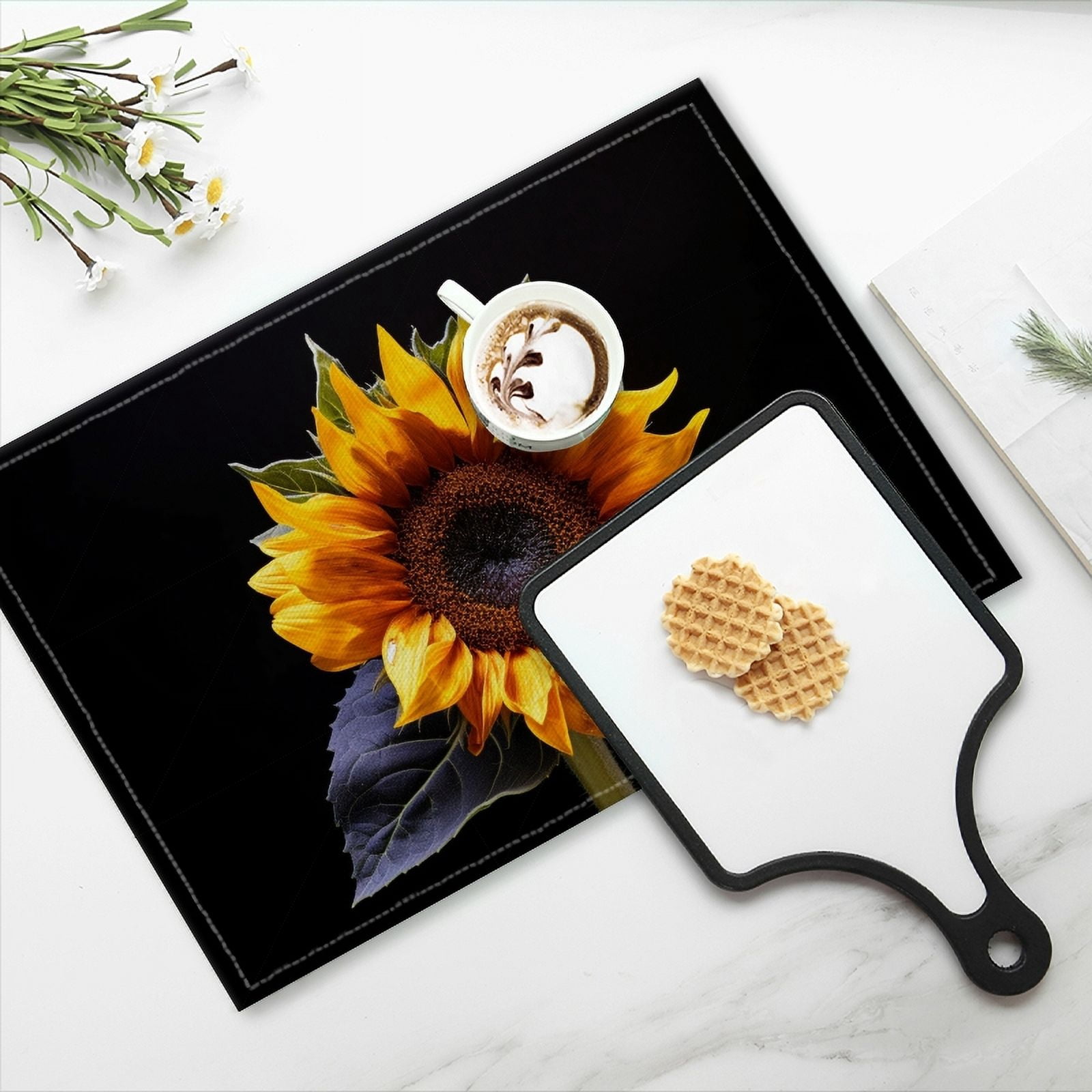 BaHomeck placemats Set of 4 Sunflower Against Black Background Cotton Linen rectangle Placemats for Kitchen Dining Table Indoor,Outdoor,18*12inch