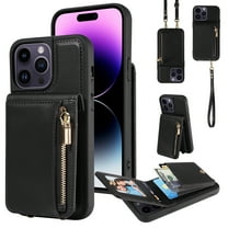 Feishell for iPhone 15 Plus Crossbody Wallet Phone Case with Hand Strap & Shoulder Strap,Premium PU Leather RFID Blocking Card Slots Zipper Pocket Back Purse Kickstand Phone Case,Black