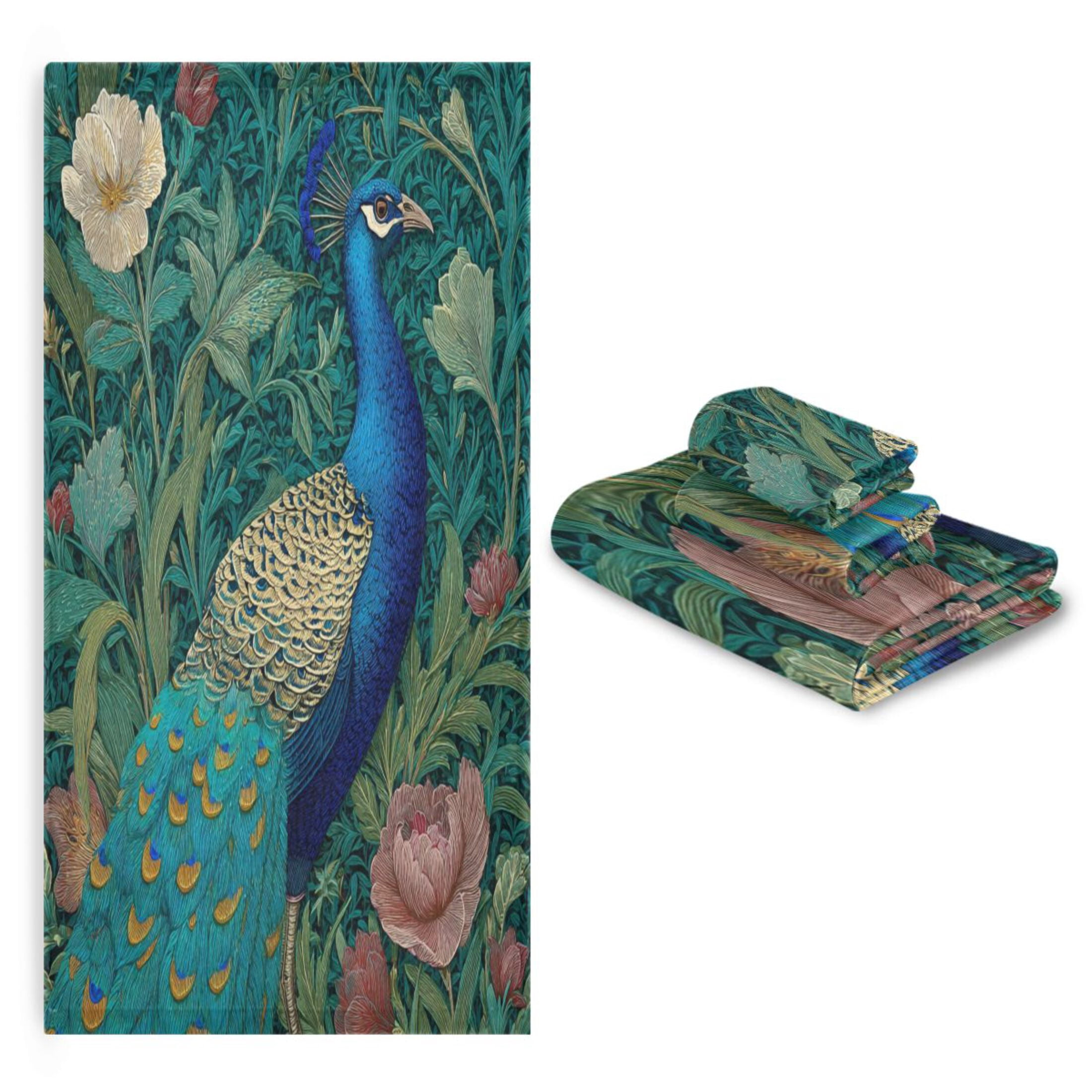 3 Piece Bath Towels Set Bath Towel, Hand Towel and Face Towel for Bathroom, Gym, Hotel Peacock Illustration