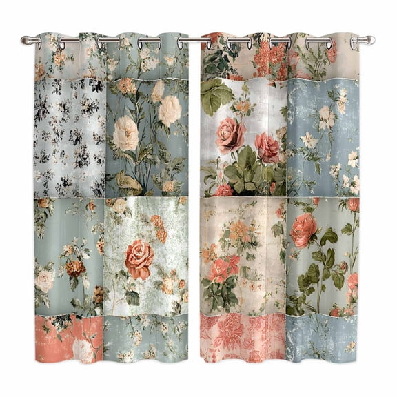 Elegant Spring Floral Kitchen Curtains 63 Inch Length, Farmhouse Summer Botanical Plaid Grommet Top Bedroom Living Room Curtains, Light Filtering Cafe Curtain Drapes 2 Panels Set 84''x63''