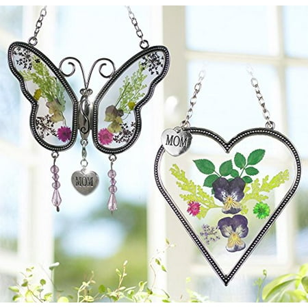 Mom Gifts - Mom Butterfly and Heart Sun Catcher Set - Stained Glass Suncatchers with Pressed Flowers - Engraved Silver Mom Charms