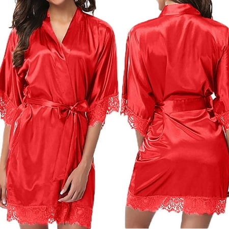 

wendunide pajama set for women Women s Lady Lace Sleepwear Satin Nightwear Lingerie Pajamas Suit RD/L Red L