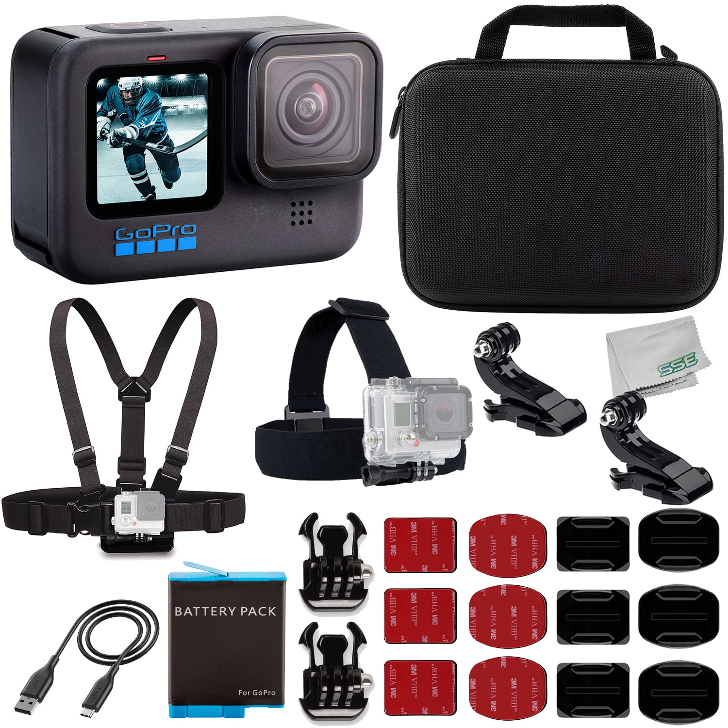 SSE GoPro HERO10 (Hero 10) Black with Starter Accessory Bundle: 1x  Replacement Batteries, Water Resistant Action Camera Case, Chest & Head  Straps with 