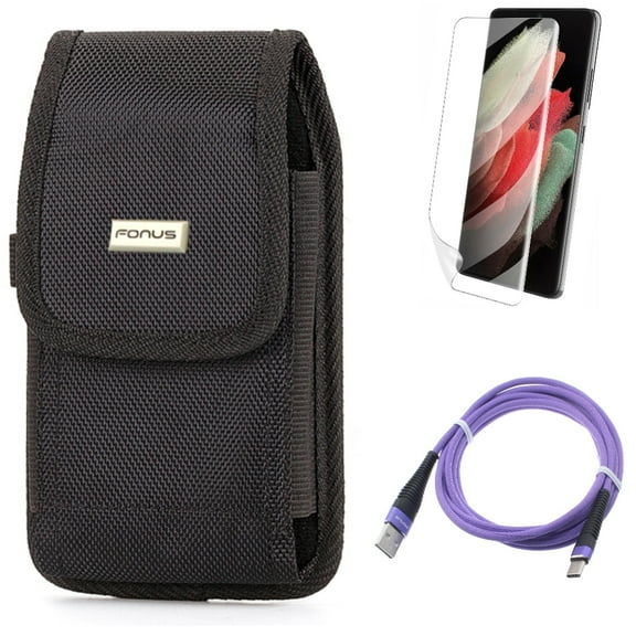 6ft USB Cable w Matte Screen Protector w Case Belt Clip for Samsung Galaxy S21 Plus - Purple Type-C, TPU Film Anti-Glare, Rugged Holster Accessory Bundle