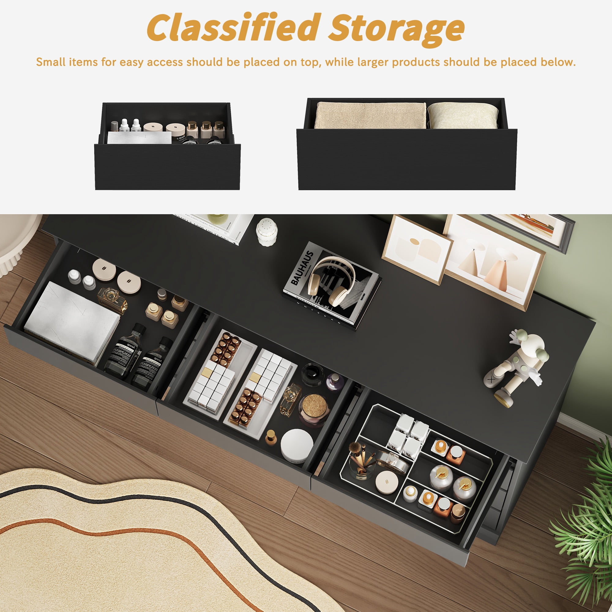 9 Drawer Dresser, Black Chest of Deep Drawers, Modern Dressers with Storage, Large Drawer Organizer for Bedroom, Living Room, Handless Design, Black