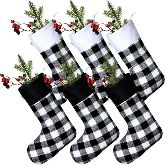 Minzimin 6 Pcs Christmas Stockings 15 Inch Buffalo Plaid Stocking Classic Fireplace Hanging Stockings for Family Farmhouse Xmas Party Decoration