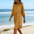 thumbnail image 5 of FEIIBMOYRIA Women Round Neck Dresses Women's Cotton-Linen Blend Long Sleeve Midi Dresses Gathered 3/4 Sleeves High Waist Loose Comfy A‑Line Daily Outwear Dresses, 5 of 6