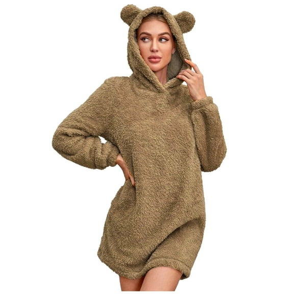 jsaierl Bear Hoodie Women Fuzzy Pullover Sweater Sherpa Fleece Hooded Sweatshirt Furry Cute Animal Hoodies with Ears