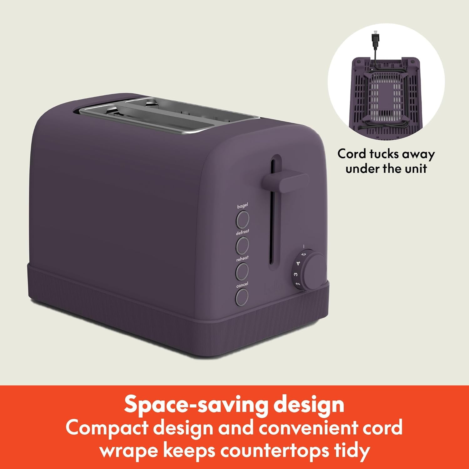 bella 2-Slice Toaster, 6 Setting Shade Control with Reheat, Cancel, Bagel & Defrost Buttons, Removable Crumb Tray, Anti Jam & Auto Shutoff, Plum