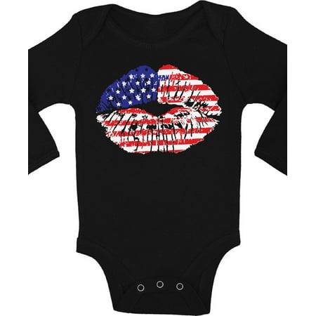 

Awkward Styles Baby USA Flag Lips Cool Graphic Baby Long Sleeve Bodysuits Tops 4th of July Gift Independence Day