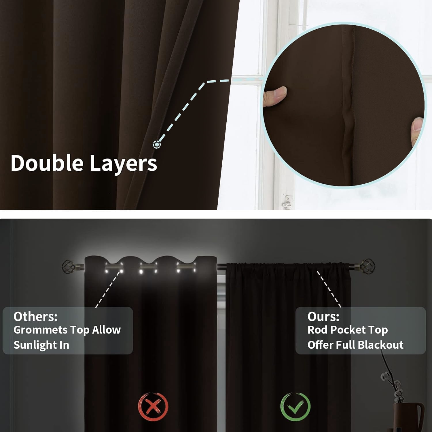 Blackout Curtains, Thermal Insulated Blackout Curtains 42x63 in, Room Darkening Rod Pocket Drapes for Living Room Bedroom, Noise Reduction Window Treatment Panels set of 2,Brown