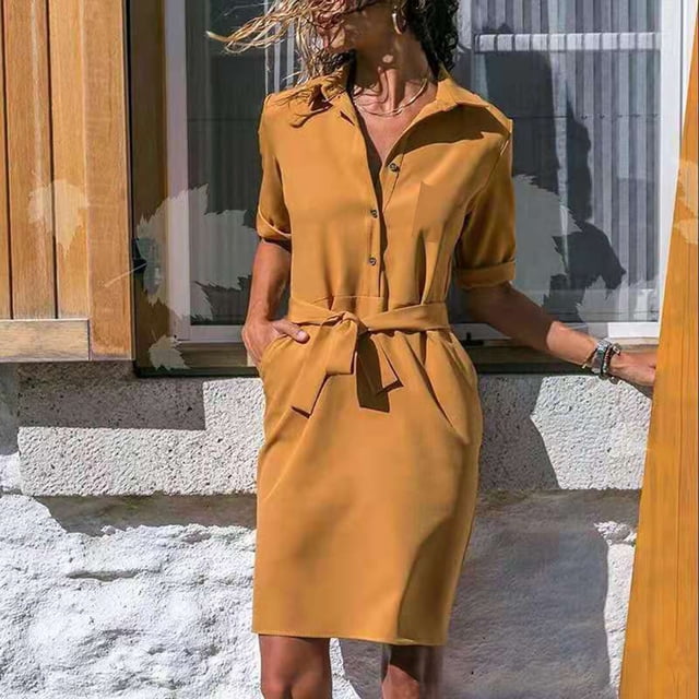 Jienlioq Robes Femmes Liquidation Robe Col Rabattu Couleur Unie Poche Ample Décontractée Mode Automne Trois Quarts Sélection Flash