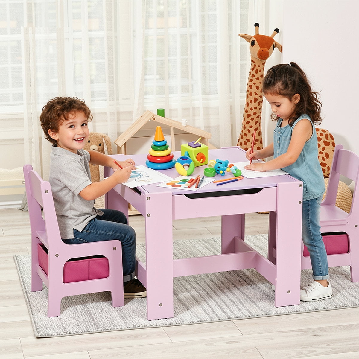 Pirecart Kids Table and 2 Chairs Set Wooden Activity Table and Chair Set with Blackboard & Storage Drawer, Pink