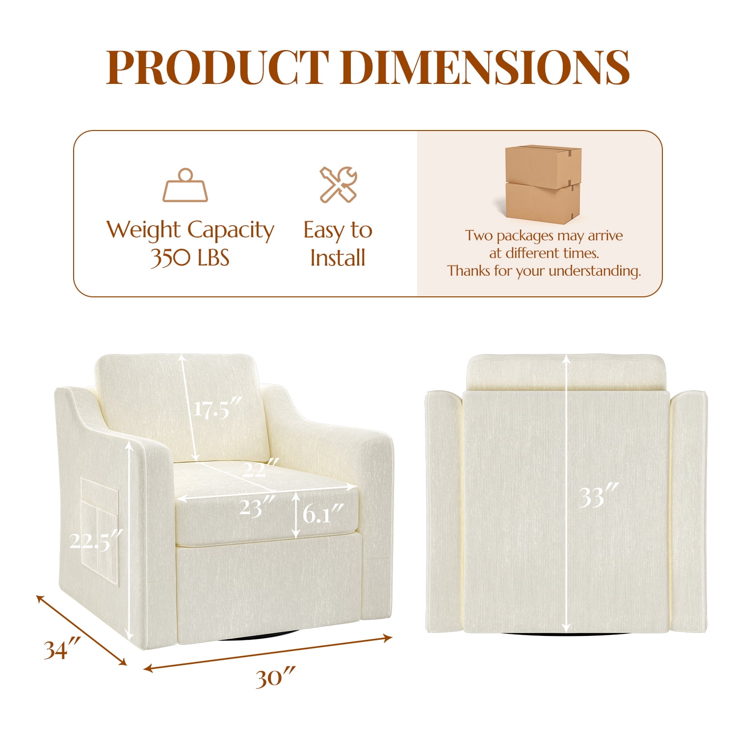 ZBOM 360° Swivel Modern Accent Chair Set of 2, Large Comfy Reading Chairs, Accent Square Single-seat Armchair Upholstered Sofa for Reading, Living Room, Bedroom, Beige