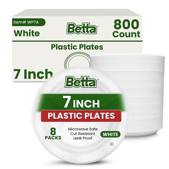 Betta 7-Inch Disposable Plastic Dessert Plates, White, 800 Count, Bulk Case, Microwave Safe (8 Pack Per Box x100)