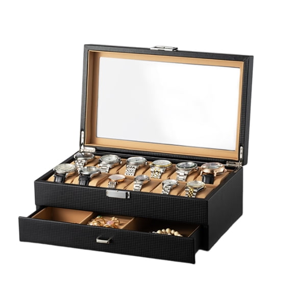 Watch Jewelry Box with Drawer and Clear Top 12 Compartments Jewelry Storage Case Double Layer Wrist Watches Holder