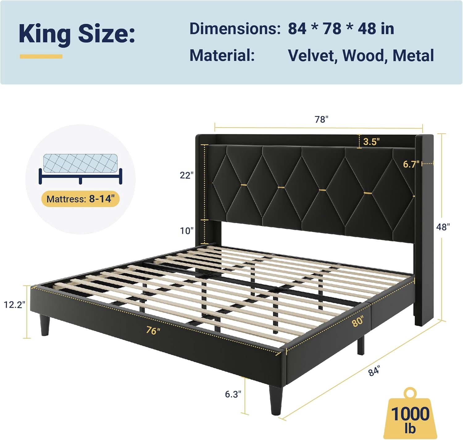 Allewie Velvet King Upholstered Bed Frame with Wingback Storage Headboard & Charging Station, Platform Bed with Diamond Tufted Design & Gold Trim, No Box Spring Needed, Easy Assembly, Black