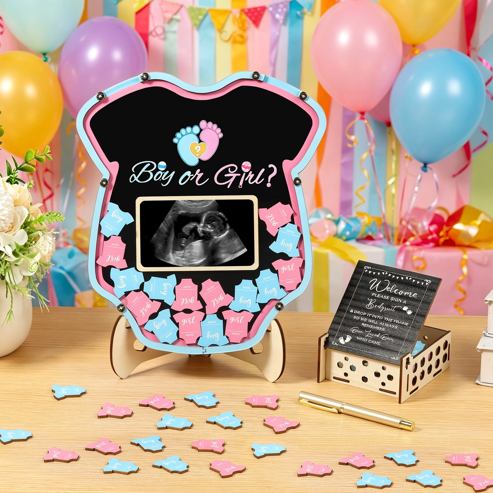64 Pcs Gender Reveal Baby Shower Guest Book Alternatives Set Baby Shower Decorations with Photo Frame Sonogram Frame Keepsake 60 Wood Slices Guest Book for Expecting Parents and Celebrations