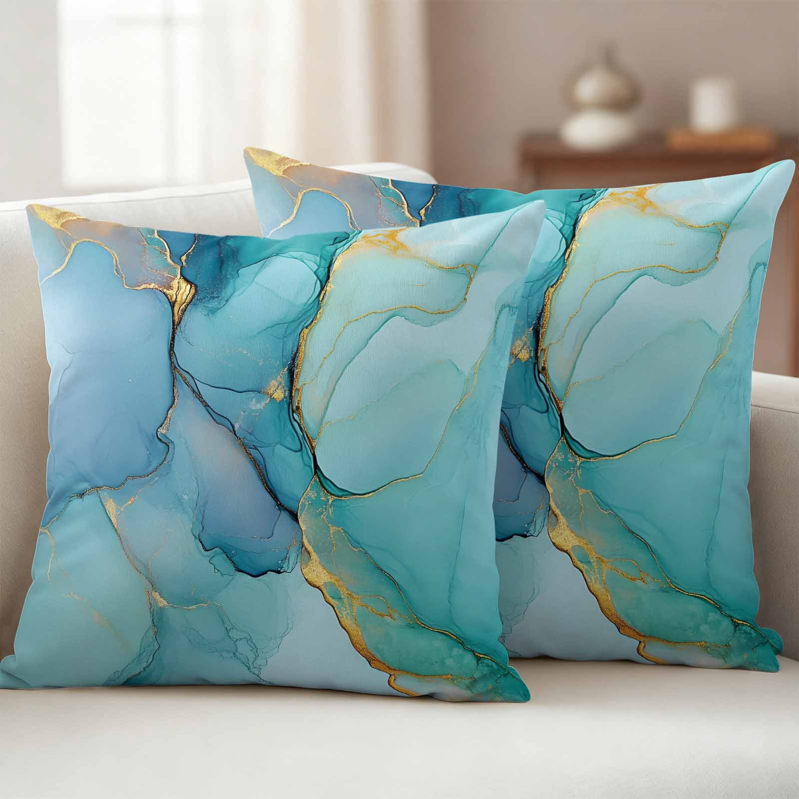 Waterproof Throw Pillow Covers 16x16 Set of 2, Ombre Aqua Green Blue Marble Outdoor Pillowcases with Invisible Zipper, Golden Vein Abstract Color Decorative Cushion Covers for Patio Garden Sofa Couch