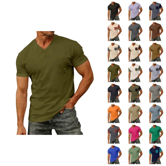 Mens T-Shirts Summer Solid Casual V Neck Short Sleeve Basic Tops with Pocket Office Shirts