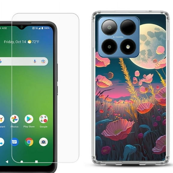 For Boost Mobile Summit 5G Shockproof Phone Case Cover with Tempered Glass Screen Protector, by OneToughShield - Moon Poppies