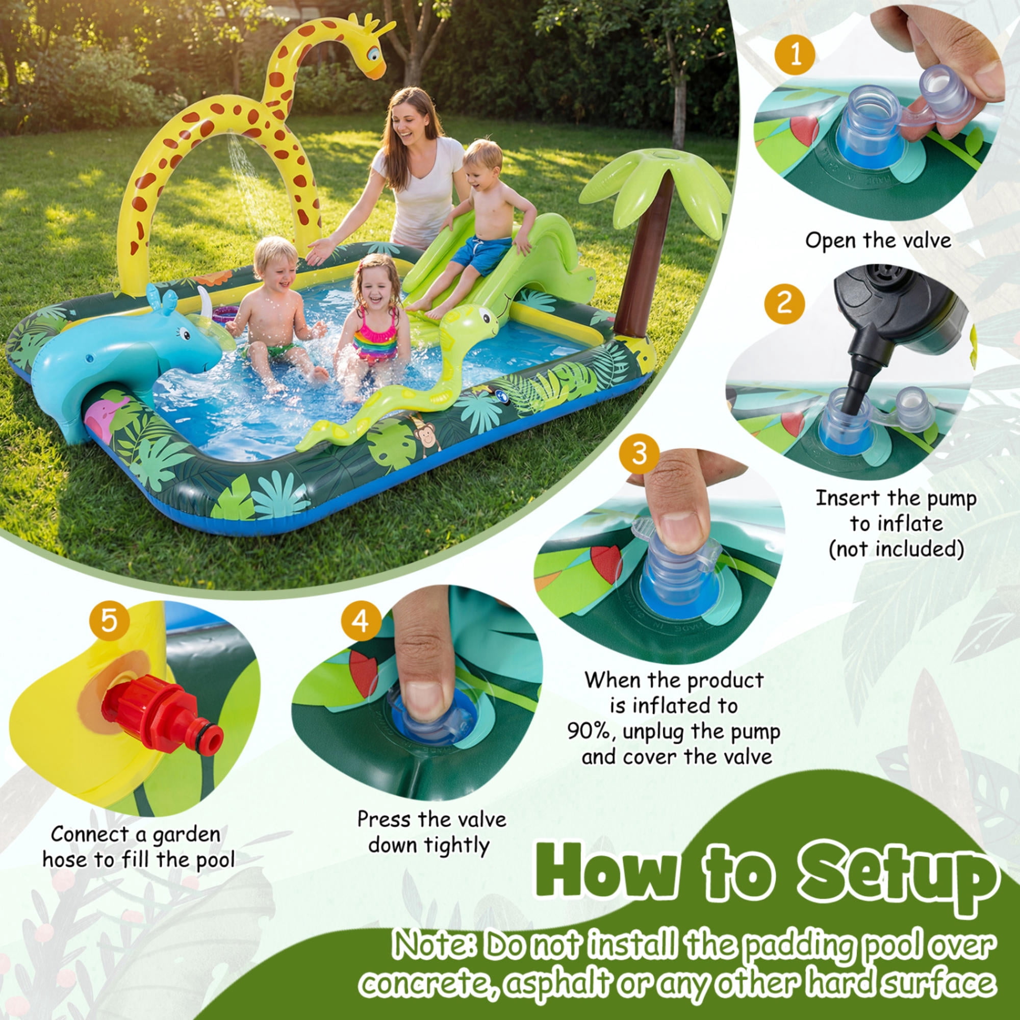 Inflatable Jungle Animal Spray Pool Play Center with Slide & Giraffe Sprinkler, Outdoor Kids Water Pool for Toddlers 2-6, Backyard Summer Water Fun