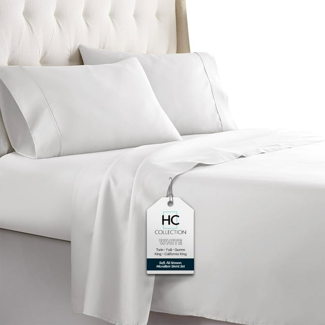 HC COLLECTION Full Size Bed Sheets, 4 pc Bed Sheets & Pillowcases Set - Machine Washable for Easy Care - Soft & Breathable All Season Microfiber Sheets with Deep Pockets - White