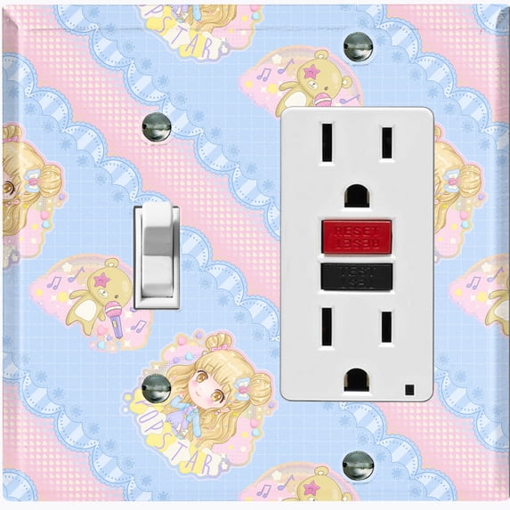 Metal Light Switch Wall Plate Outlet Cover (Pop Star Blue Anime Stripe Pink Ribbon String Pattern - Single Toggle Single Rocker)