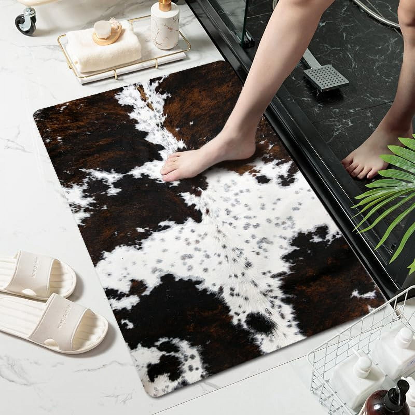 Cow Skin Quick Dry Bath Mat, Western Bathroom Home Decor Farmhouse Absorbent Non-Slip Bathroom Rugs Thin fit Under Door Floor Mats for Bathtub, Shower Room, Sink