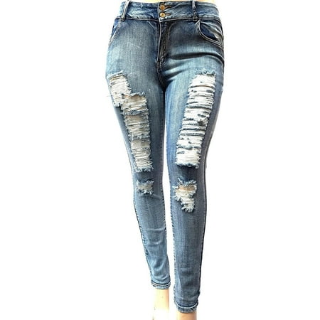 Womens Plus Size Acid Wash Distressed Ripped Blue Skinny Denim Jeans (Best Distressed Skinny Jeans)