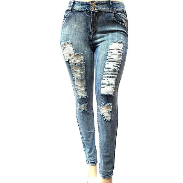 stadig Unravel mindre Womens Plus Size Acid Wash Distressed Ripped Blue Skinny Denim Jeans Pants  - Walmart.com