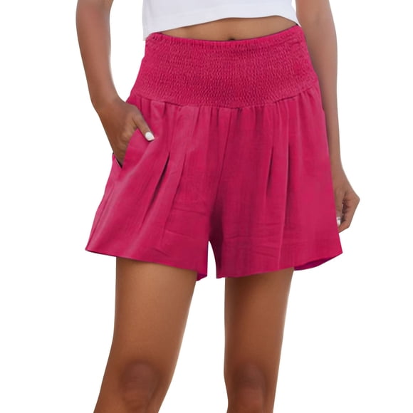 TrendOFT Women's Shorts Casual Summer Smocked Elastic Waist Comfy Detail Beach Lounge Shorts Women Athletic Shorts Hot Pink M